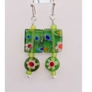Darling Millefiori Glass Earring Set in Green with Silver Tone Backs Handmade